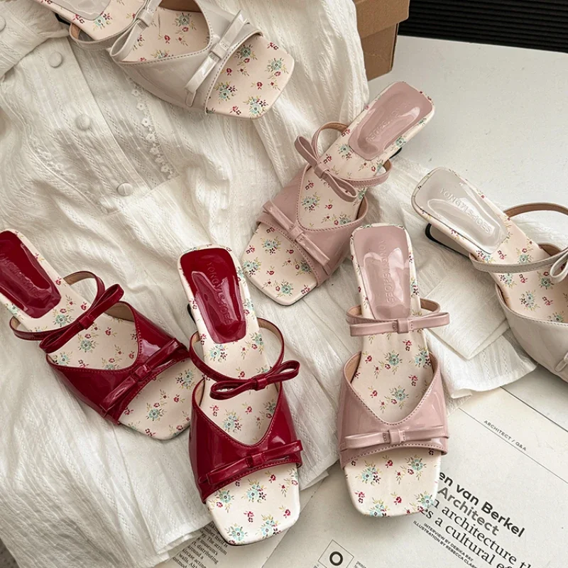 New Summer Mid Heels Slippers Square Head Open Toe Pumps Flower Pink Bow Wedge Sandals for Women Slip On Shoes Wear Sandalias thumbnail 5