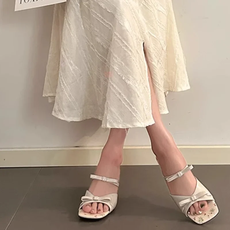 New Summer Mid Heels Slippers Square Head Open Toe Pumps Flower Pink Bow Wedge Sandals for Women Slip On Shoes Wear Sandalias thumbnail 6