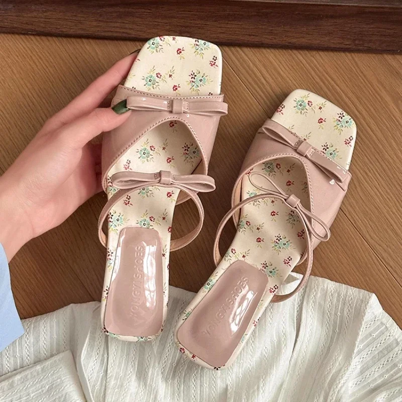 New Summer Mid Heels Slippers Square Head Open Toe Pumps Flower Pink Bow Wedge Sandals for Women Slip On Shoes Wear Sandalias thumbnail 3