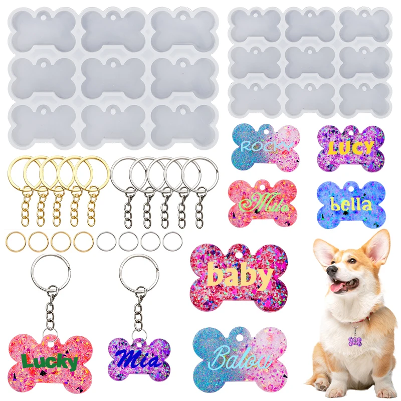 Pet Tag Silicone Mold Kit with Keychains for Keychain Making Epoxy Resin DIY Handmade Keychain Pendant Charm Crafts