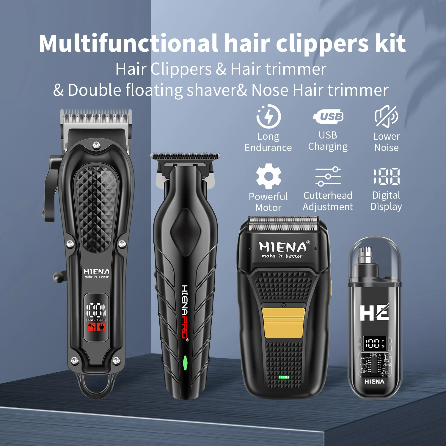 hiena Finish Machine Electric Professional Electric Hair Clippers Beard Clipper Rechargeable Men's Shaver Hair Trimmer Kit thumbnail 5