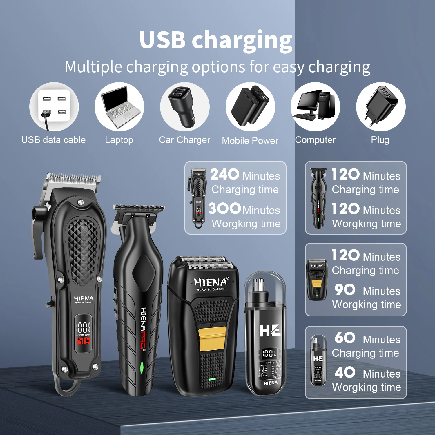 hiena Finish Machine Electric Professional Electric Hair Clippers Beard Clipper Rechargeable Men's Shaver Hair Trimmer Kit thumbnail 3