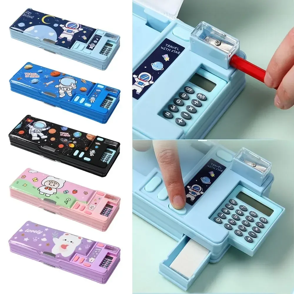 Double Layer Pencil Case Astronaut/Animal Design Pencil Sharpener Pencil Box Plastic With Calculator Stationery Organizer thumbnail 3