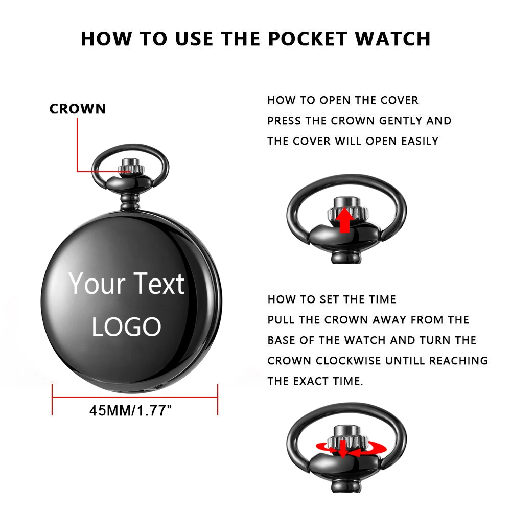 Personalized Watches Logo Text Black Quartz Pocket Watch Vintage Men Women Arabic Dial Necklace Timing Pendant Gift custom watch thumbnail 6