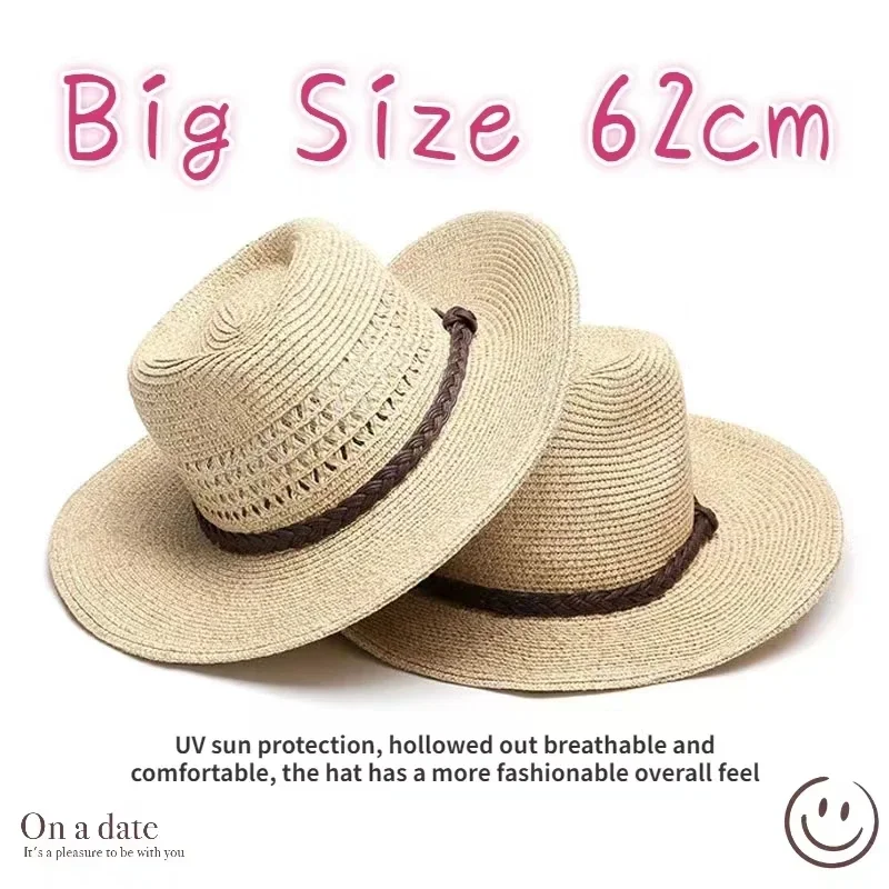 New XL Big Size 62cm Panama Jazz Straw Hat for Women Men Dig Out Summer Beach Sun Hat Windproof Folding Rope UV Protection Hat thumbnail 2