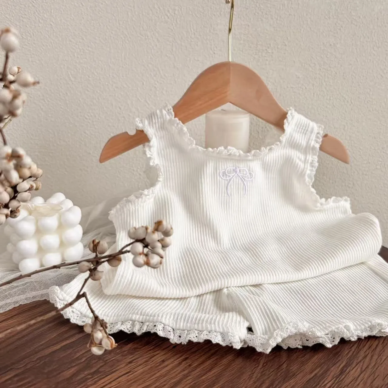 TZ2617 Korean Style 2025 Children's Lace Earlette Vest Cute Summer Sleeveless Top Shorts Thin Set for Girls Kids Fashion Outfit thumbnail 3