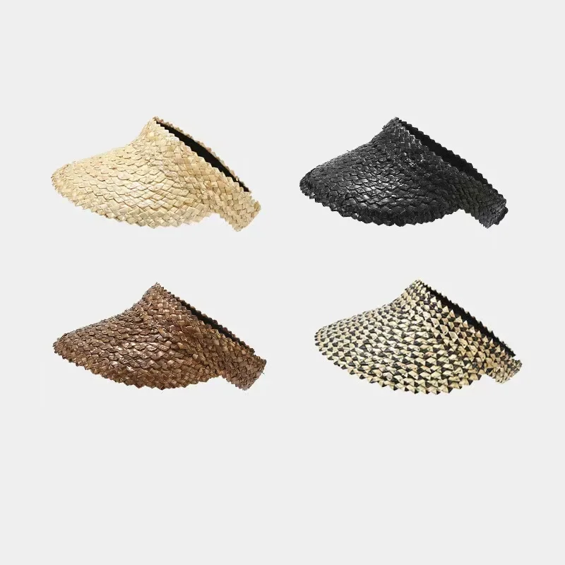 Rattan Sun Visor Hat for Women Natural PALMLEAFVISOR Wide Brim Sun Cap Girl SunshadeSummer Straw Beach Hat Derby Vacation Hat thumbnail 2