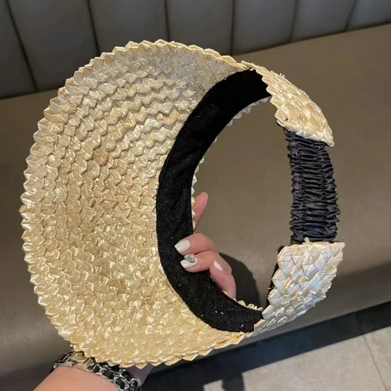 Rattan Sun Visor Hat for Women Natural PALMLEAFVISOR Wide Brim Sun Cap Girl SunshadeSummer Straw Beach Hat Derby Vacation Hat thumbnail 6