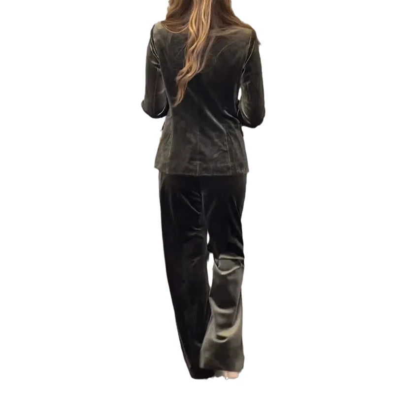 Fashion Slim Two Piece Sets For Women Elegant Double Breasted Splicing Velvet Long Sleeved Top And High Waist Straight Pant thumbnail 5