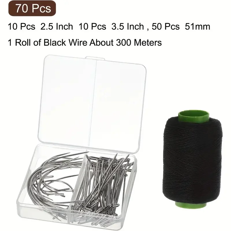 70pcs Needle And Thread Set for Weave with T Pins C Curved Needles Black Thread Wig Making Hair Extensions Modelling Crafts Kit thumbnail 6