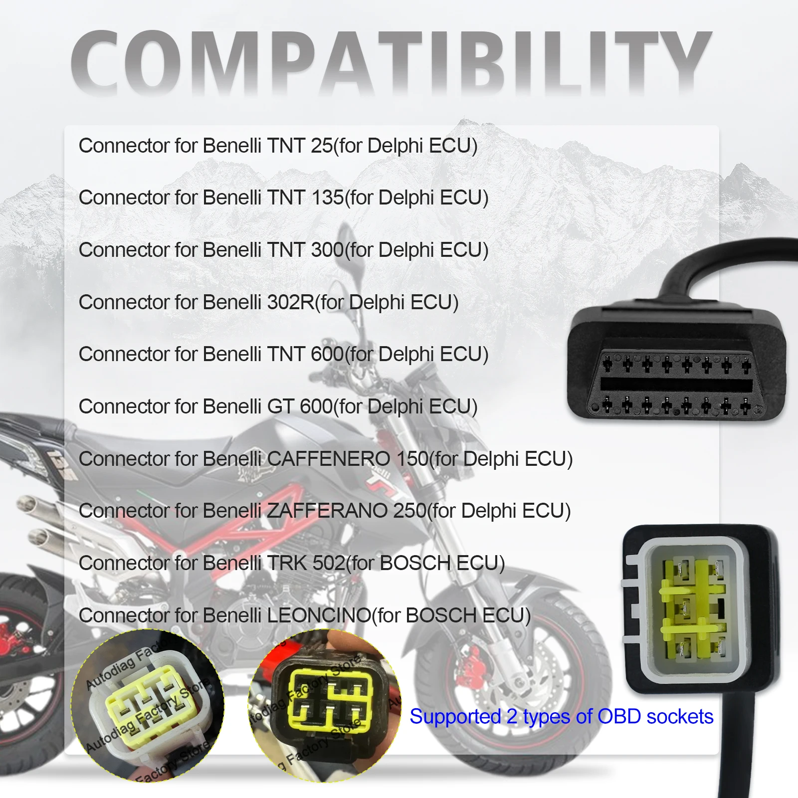 6Pin Motorcycle OBD Adapter For Benelli TNT 25/135/300/600,GT600,302R,TRK502,LEONCINO ECU Diagnostic Connector For BOSCH Delphi thumbnail 3