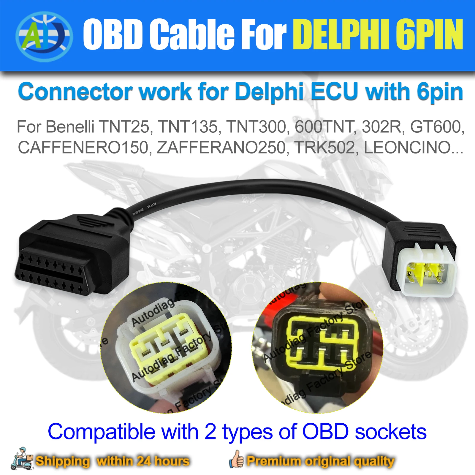 6Pin Motorcycle OBD Adapter For Benelli TNT 25/135/300/600,GT600,302R,TRK502,LEONCINO ECU Diagnostic Connector For BOSCH Delphi