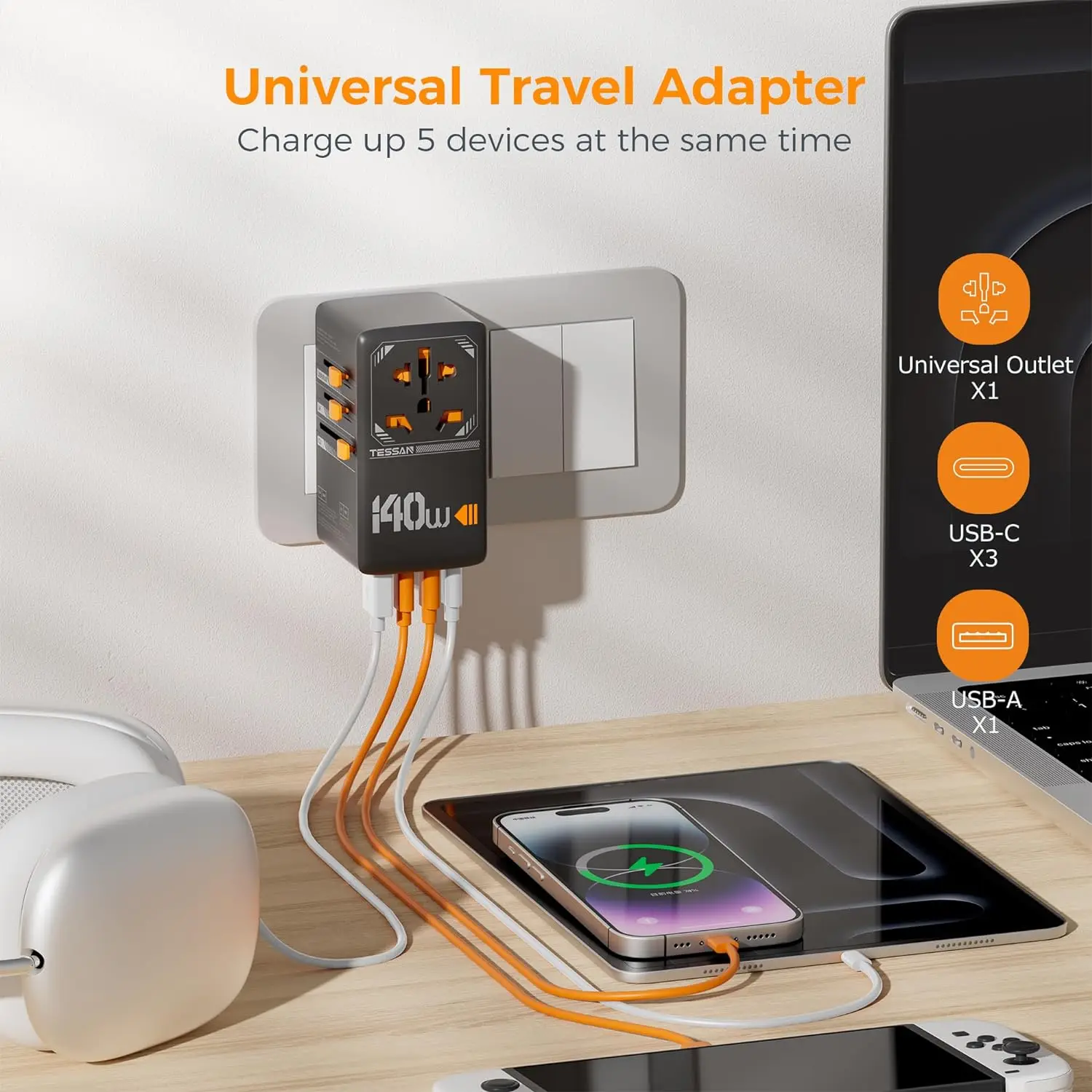 TESSAN 140W International Plug Adaptor GaN Travel Adapter with Universal Outlet 1 USB A 3 Type C Fast Charger for EU/UK/USA/AUS thumbnail 4