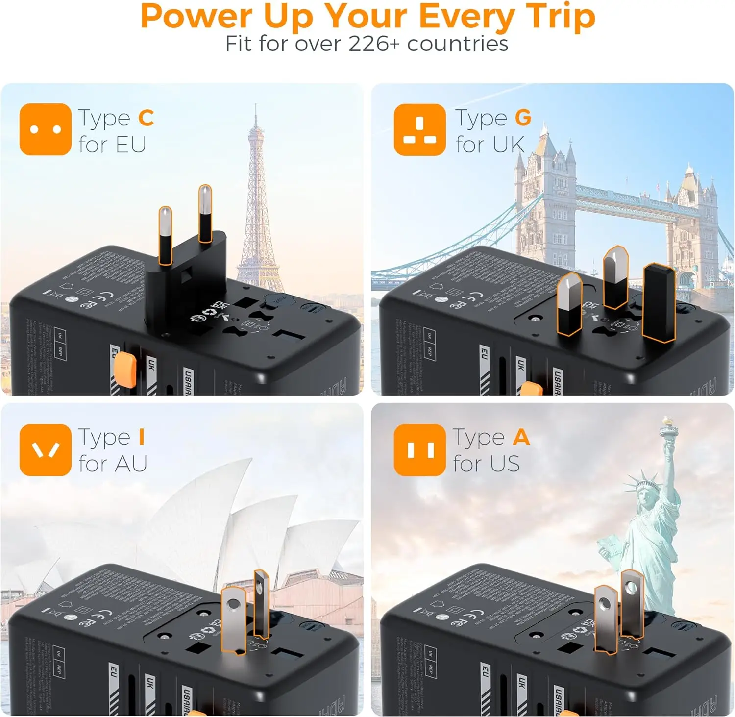 TESSAN 140W International Plug Adaptor GaN Travel Adapter with Universal Outlet 1 USB A 3 Type C Fast Charger for EU/UK/USA/AUS thumbnail 5