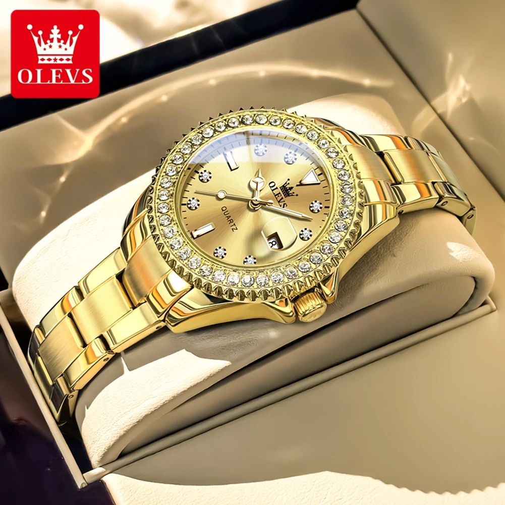 OLEVS 9945 Women Brand Original Quartz Watch Luxury Diamond Automatic Calendar Watch Waterproof Gold Elegant Women Watch Reloj