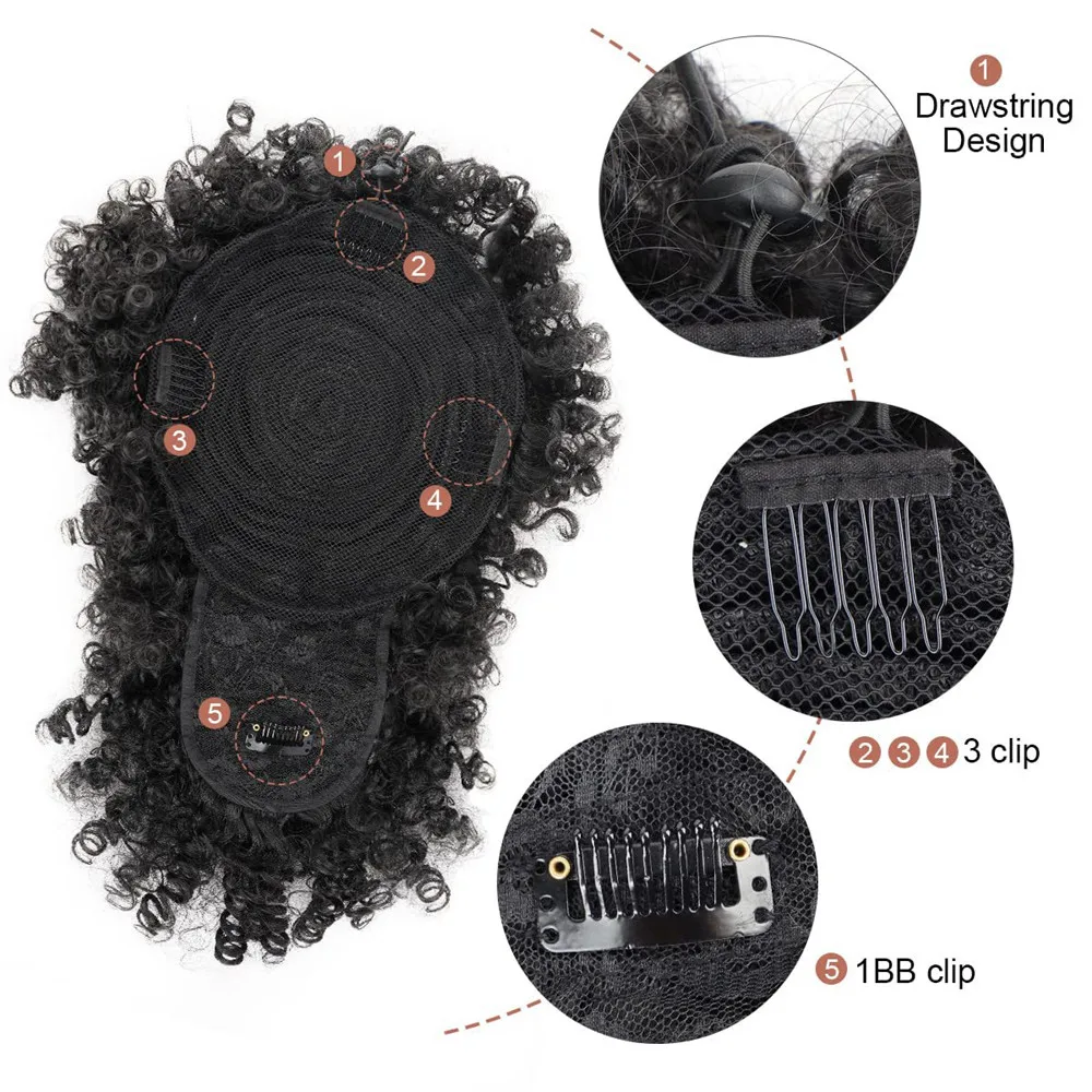 Afro Puff Kinky Curly Ponytail Wig with Bangs Drawstring Ponytail Per-Bundled Extension For Black Women Synthetic Hair ﻿ thumbnail 4