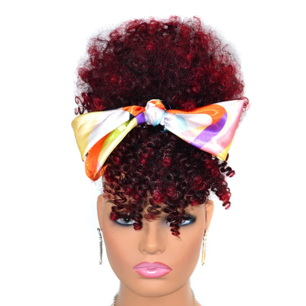 Afro Puff Kinky Curly Ponytail Wig with Bangs Drawstring Ponytail Per-Bundled Extension For Black Women Synthetic Hair ﻿ thumbnail 2