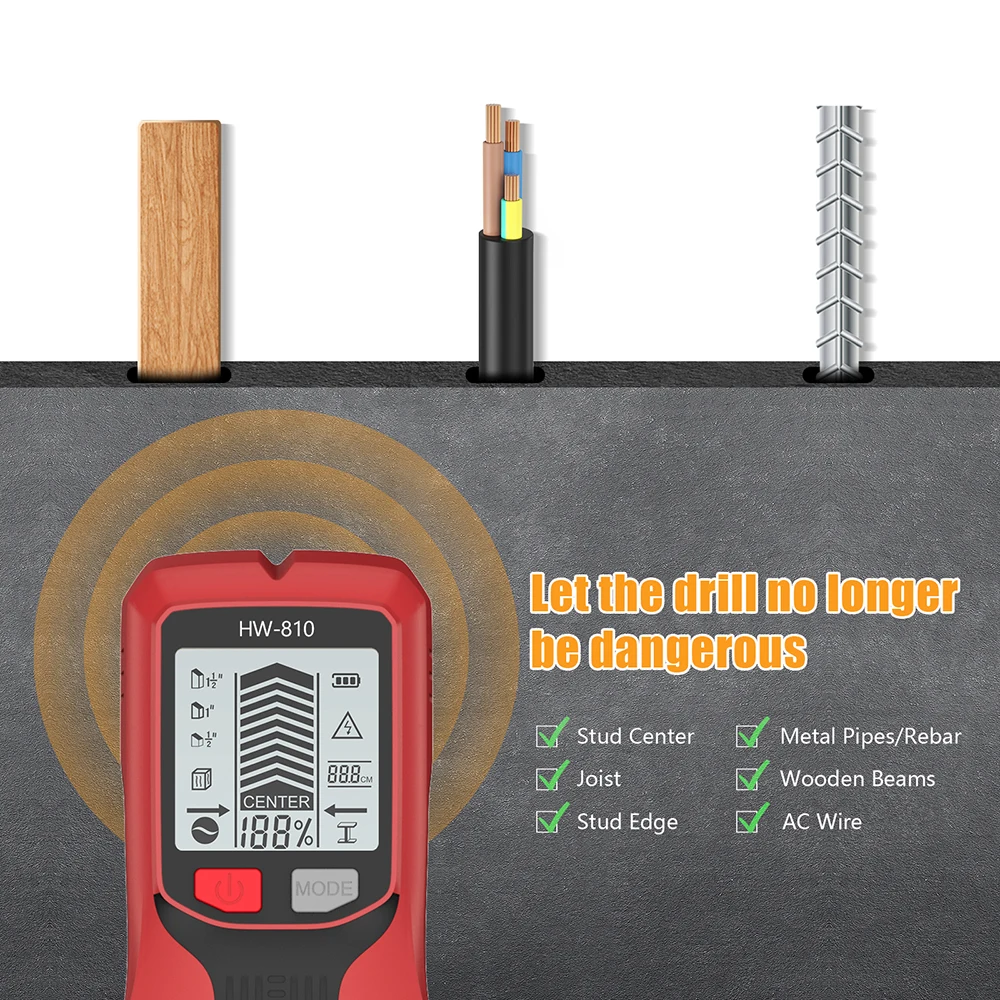 HW-810 6 In 1 Metal Detector Wall Detector Scanner with LCD Display for AC Live Cable Wires Metal Wood Stud Find without Battery thumbnail 3