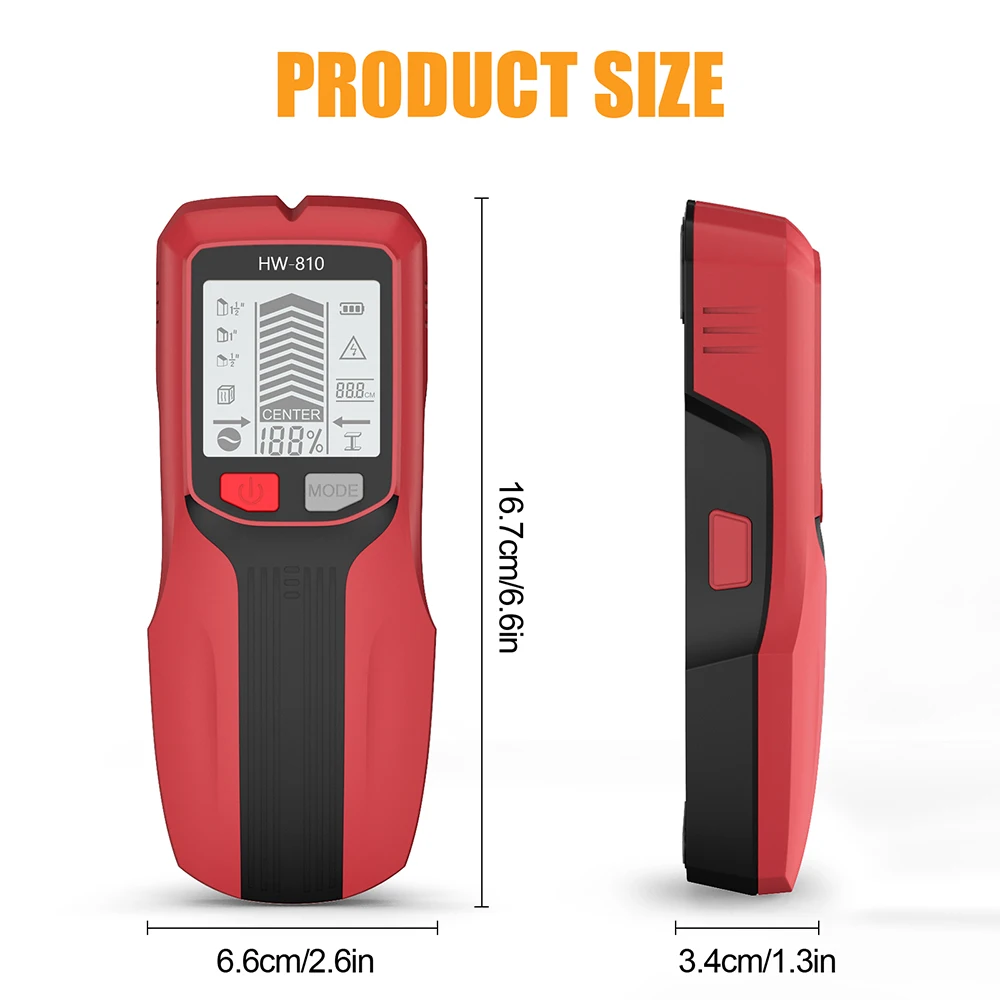 HW-810 6 In 1 Metal Detector Wall Detector Scanner with LCD Display for AC Live Cable Wires Metal Wood Stud Find without Battery thumbnail 2