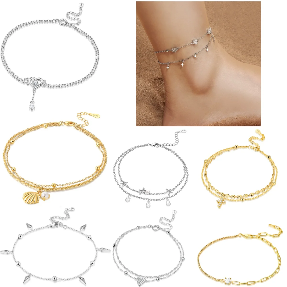 Orstarry S925 Sterling Silver Summer Double Star Shaped Chain Anklets Women Lady Ankle Bracelet Prom Foot Party Jewelry Gifts