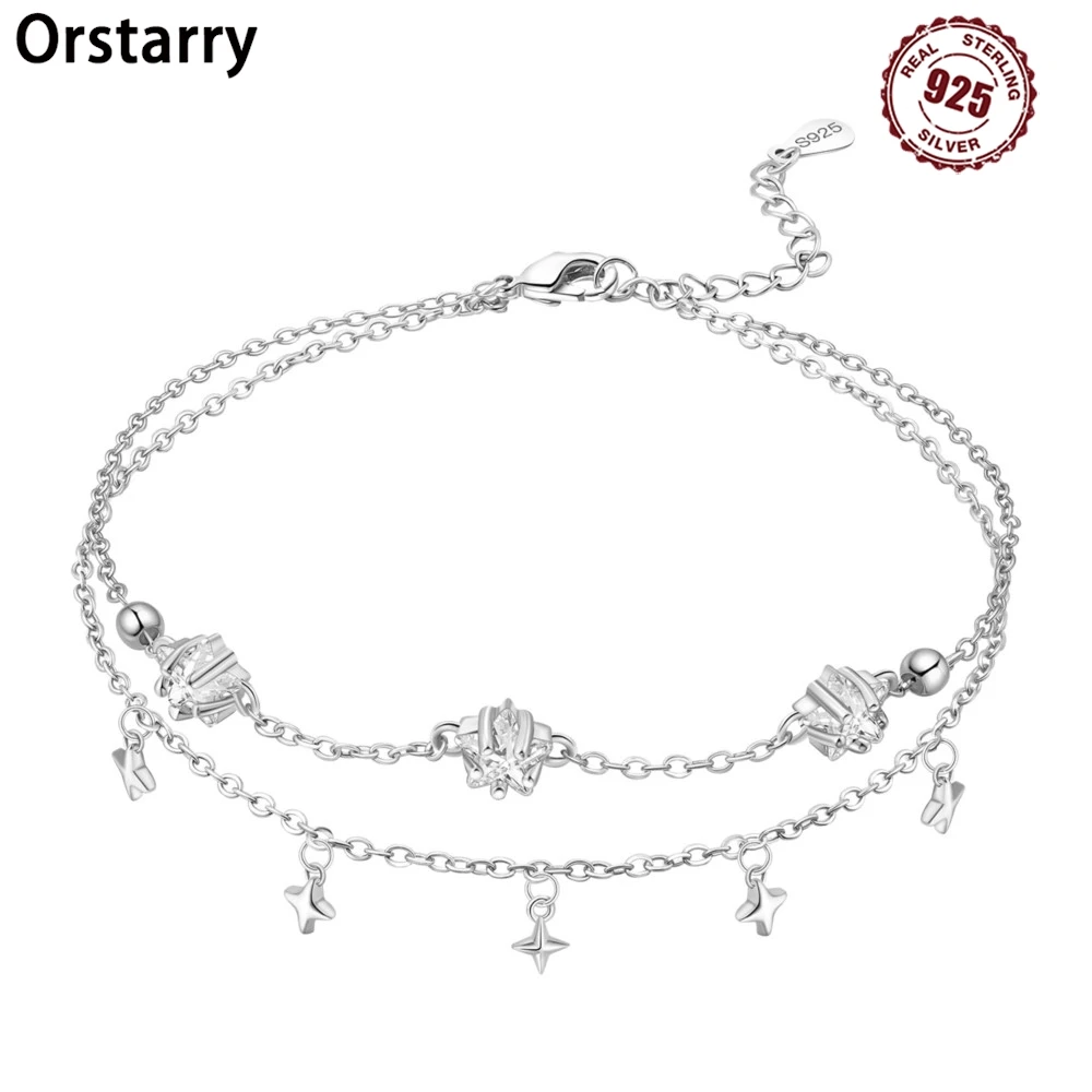 Orstarry S925 Sterling Silver Summer Double Star Shaped Chain Anklets Women Lady Ankle Bracelet Prom Foot Party Jewelry Gifts thumbnail 2