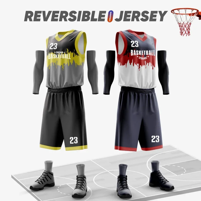Polyester Print Logo Sublimation Mens Reversible Basketball Jerseys Summer Mesh Reversible Basketball Uniform For Adults WO-B844