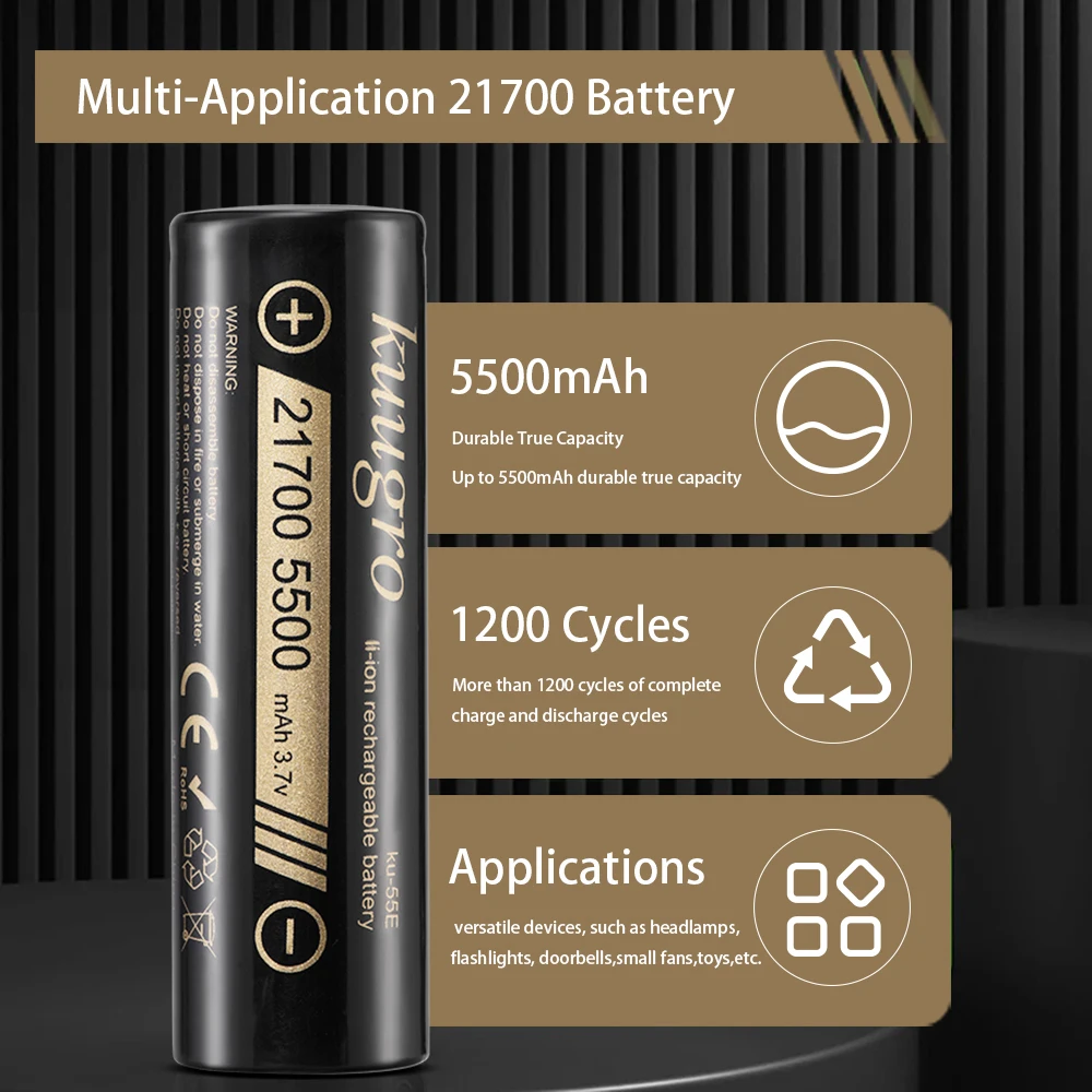 Kuugro ku-55E 21700 5500mAh 3.7V Rechargeable lithium Battery 2C Discharge High Power batteries For High-power Appliances thumbnail 3