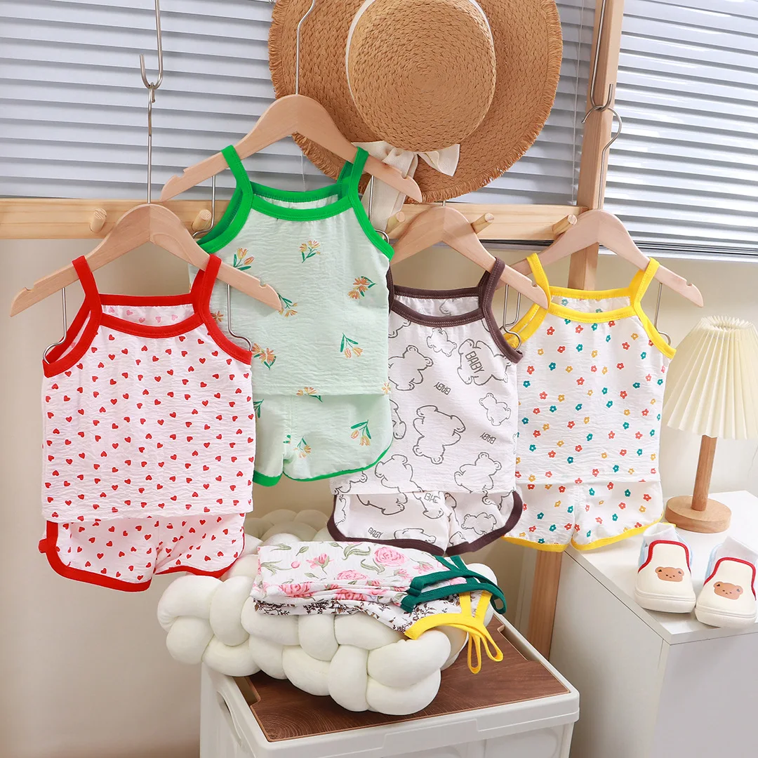 Summer Children Sling Shorts Set Fashion Flower Girls Kids Thin Breathable Pajamas Cute Cartoon Baby Toddler Home Clothes