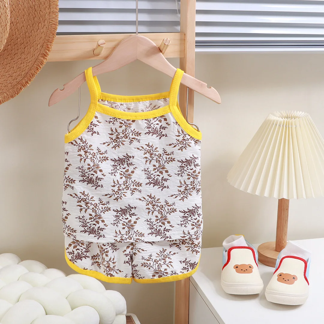 Summer Children Sling Shorts Set Fashion Flower Girls Kids Thin Breathable Pajamas Cute Cartoon Baby Toddler Home Clothes thumbnail 3