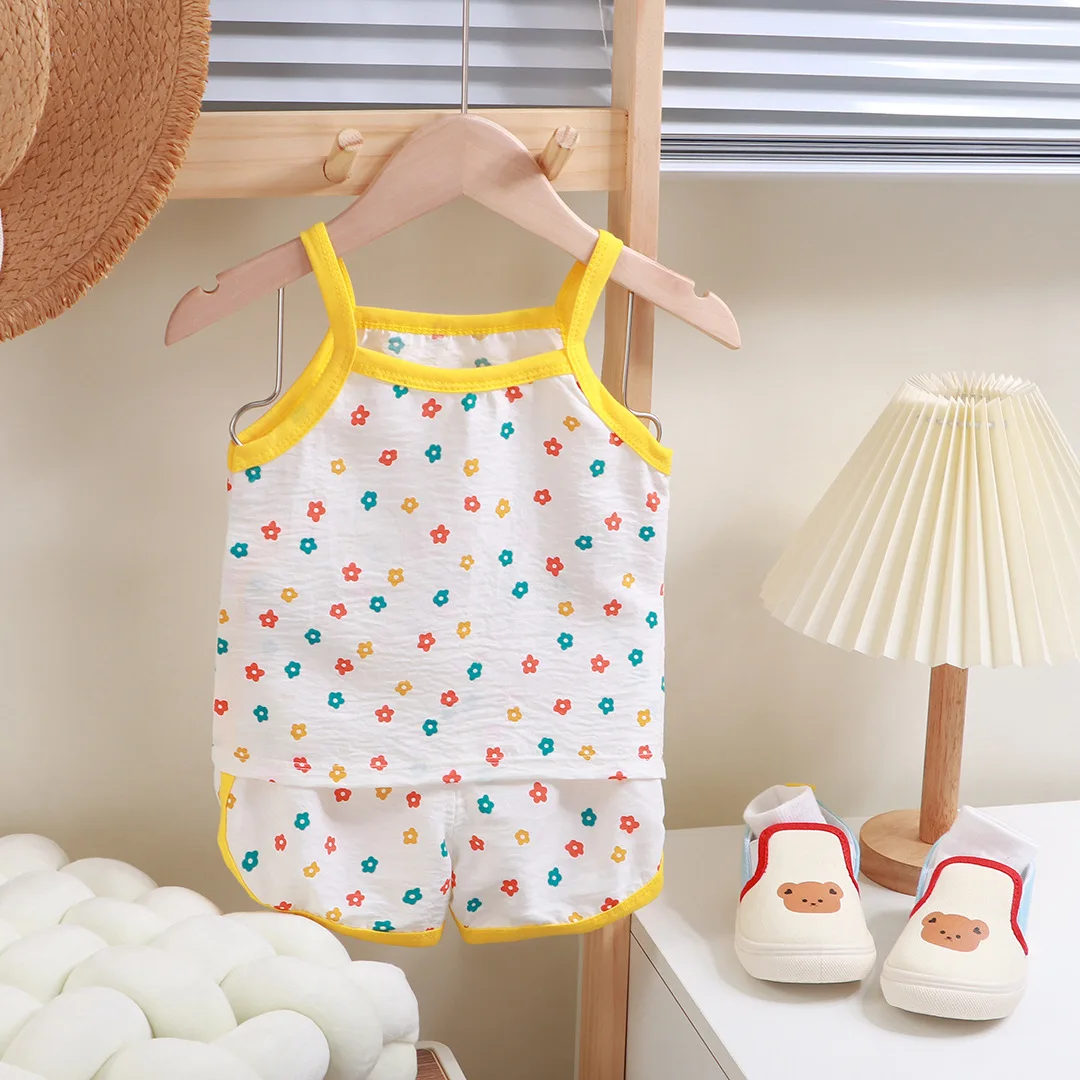 Summer Children Sling Shorts Set Fashion Flower Girls Kids Thin Breathable Pajamas Cute Cartoon Baby Toddler Home Clothes thumbnail 6