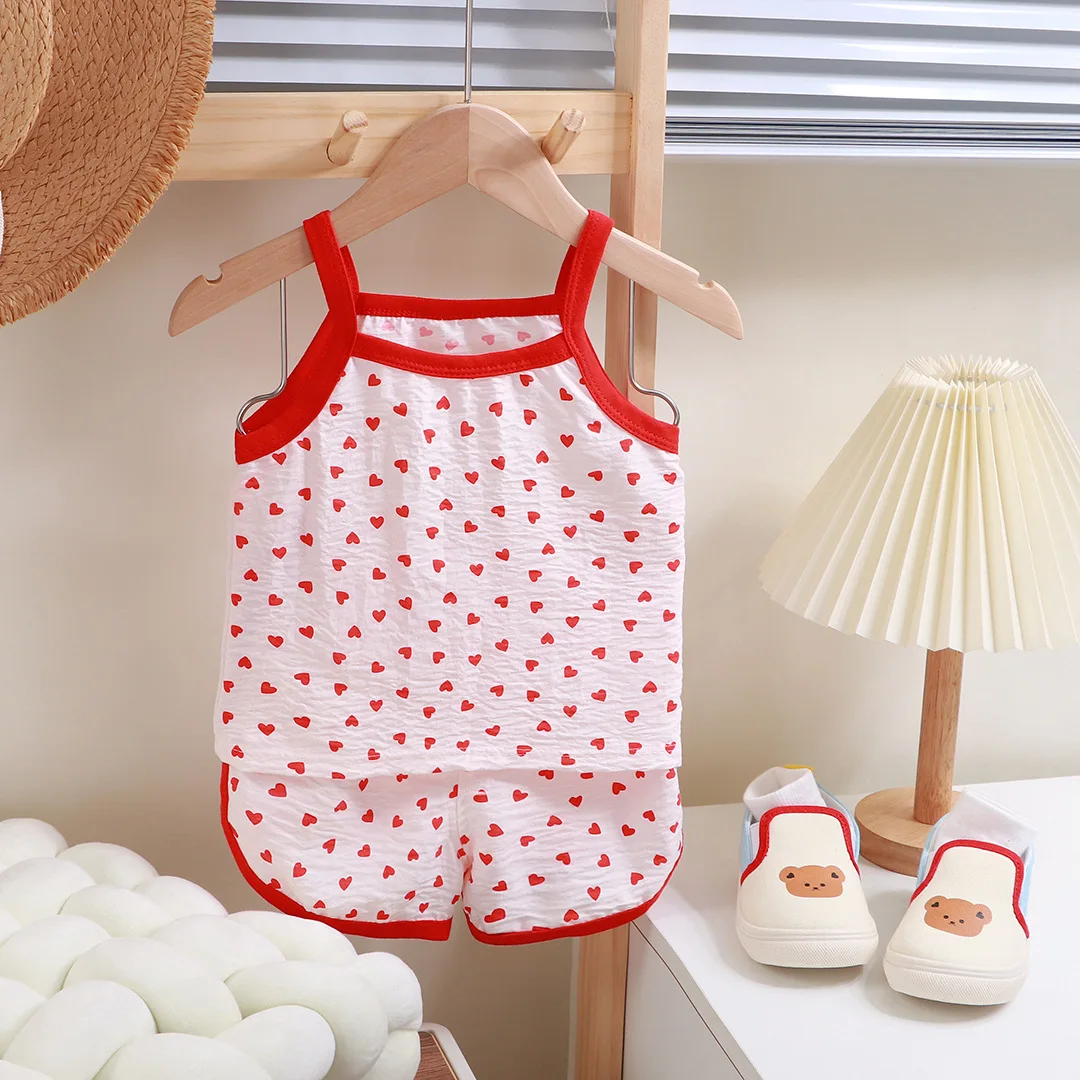 Summer Children Sling Shorts Set Fashion Flower Girls Kids Thin Breathable Pajamas Cute Cartoon Baby Toddler Home Clothes thumbnail 4