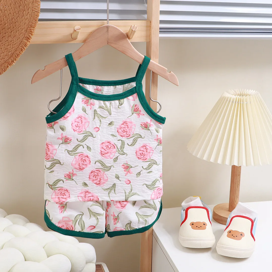 Summer Children Sling Shorts Set Fashion Flower Girls Kids Thin Breathable Pajamas Cute Cartoon Baby Toddler Home Clothes thumbnail 2