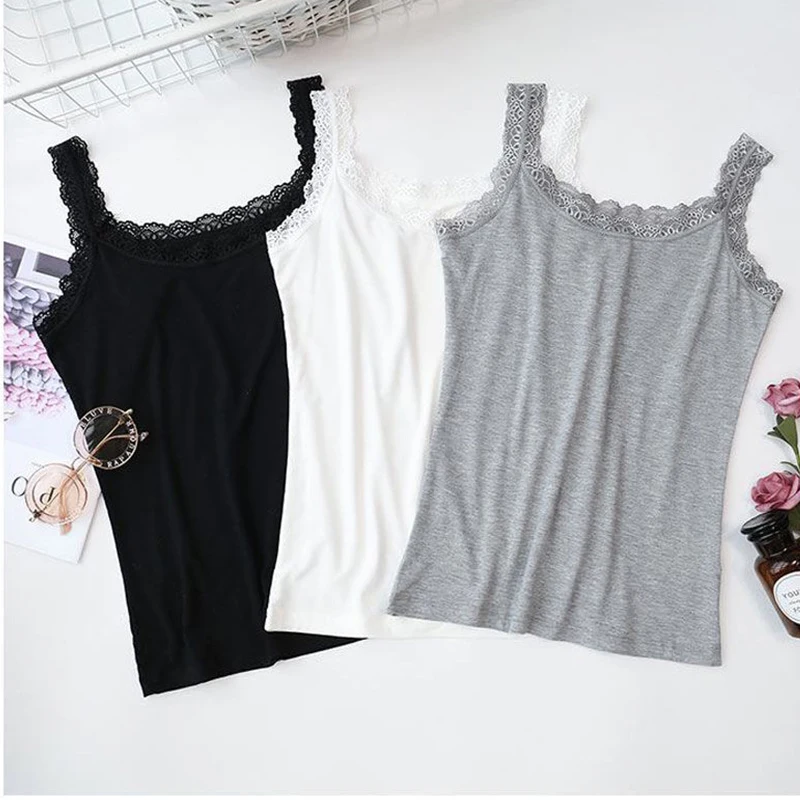 Summer Sleeveless Women Tank Top With Lace Top Red Inside Wear Lace Camisoles Loose Underwear Womens Clothing Vest thumbnail 5