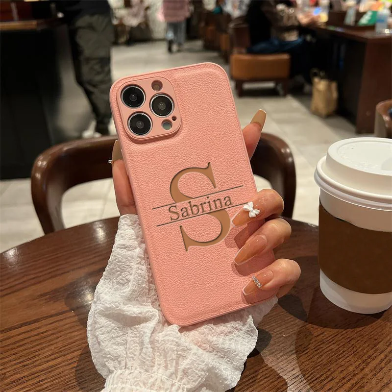 Personalized Customized Initials Name Case For iPhone 17 16 15 14 13 12 11 Pro Max Plus Big Letter Laser Engraving Leather Cover thumbnail 2