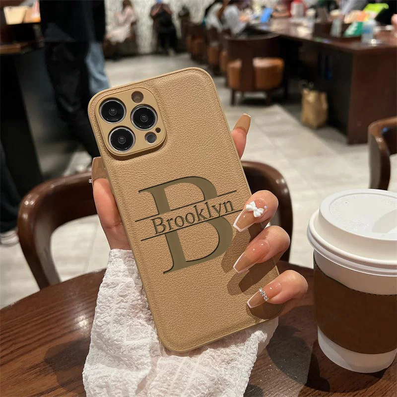 Personalized Customized Initials Name Case For iPhone 17 16 15 14 13 12 11 Pro Max Plus Big Letter Laser Engraving Leather Cover thumbnail 5