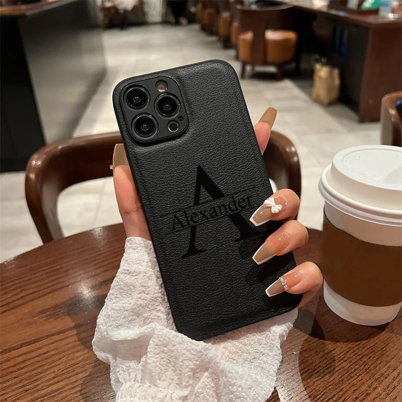 Personalized Customized Initials Name Case For iPhone 17 16 15 14 13 12 11 Pro Max Plus Big Letter Laser Engraving Leather Cover thumbnail 3