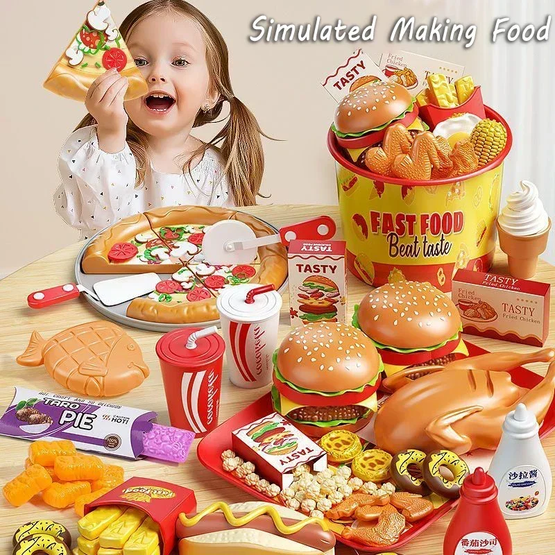 Kid Kitchen Toy Set Simulation Make Hamburger Pizza Fries Pretend Play Food Cooking Cutting Game Montessori Interactive Toy Gift thumbnail 3