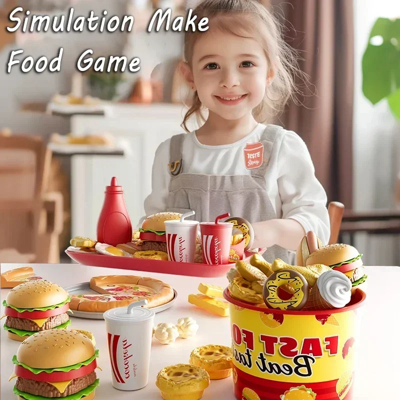 Kid Kitchen Toy Set Simulation Make Hamburger Pizza Fries Pretend Play Food Cooking Cutting Game Montessori Interactive Toy Gift thumbnail 6
