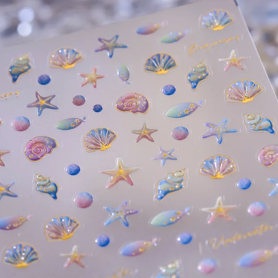 Sea Wave Jellyfish Starfish Conch Shell Dolphin Pearl Summer Beach Goldfish Water Bubble Mermaid Koi INS Nail Art Stickers Decal thumbnail 3