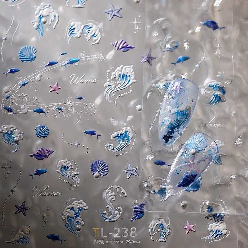 Sea Wave Jellyfish Starfish Conch Shell Dolphin Pearl Summer Beach Goldfish Water Bubble Mermaid Koi INS Nail Art Stickers Decal thumbnail 2
