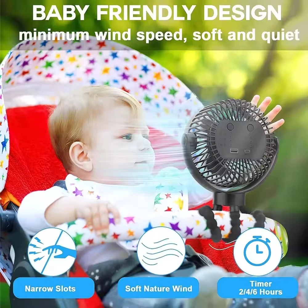 Baby 3 Speeds Stroller Mini Fan With Light Portable USB Charging Fan Mobile Phone Holder Stroller Accessories Baby Newborn Items thumbnail 3