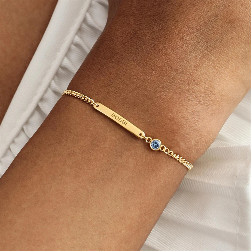 Personalized Birthstone Bar Bracelet Custom Engraved Name ID Bracelets Stainless Steel Adjustable Chain Vintage Jewelry Pulsera
