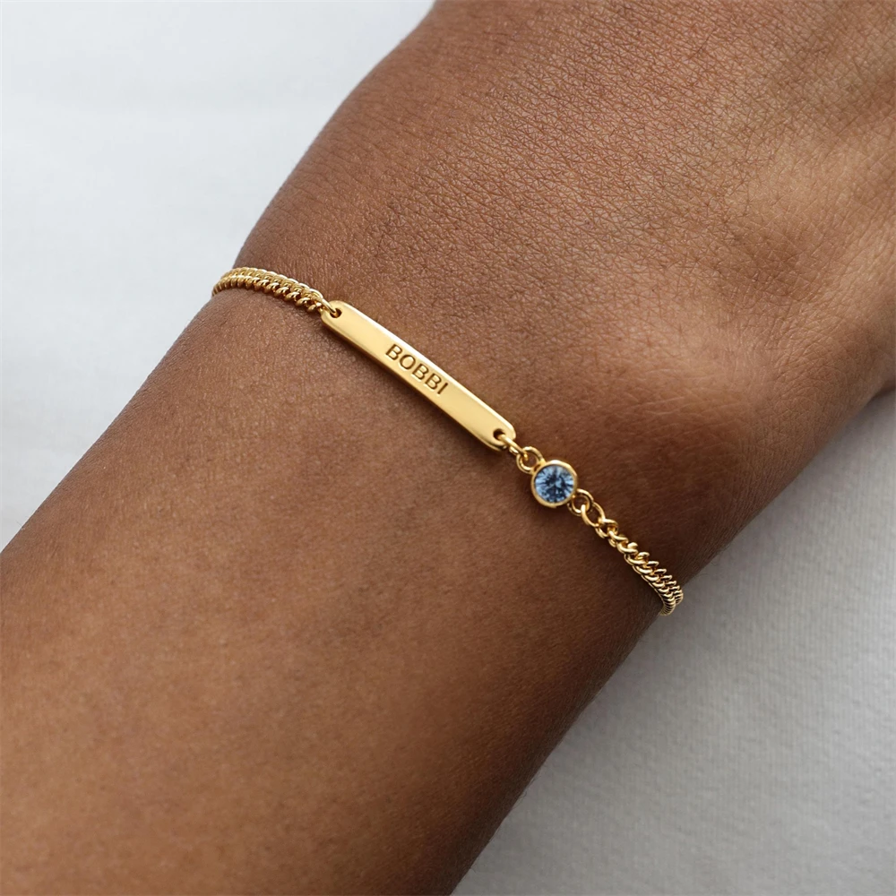 Personalized Birthstone Bar Bracelet Custom Engraved Name ID Bracelets Stainless Steel Adjustable Chain Vintage Jewelry Pulsera thumbnail 3
