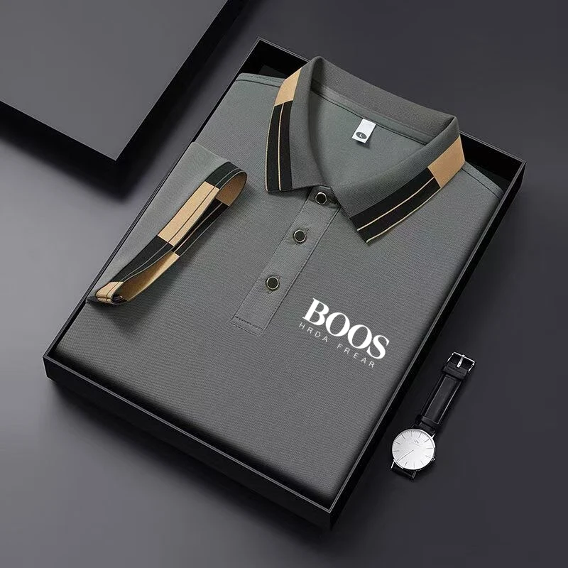 Men'S New Embroidered Short Sleeved Striped Grid Polo Shirt, Business Casual Fashionable Breathable Clothing, Youthful Fashion,