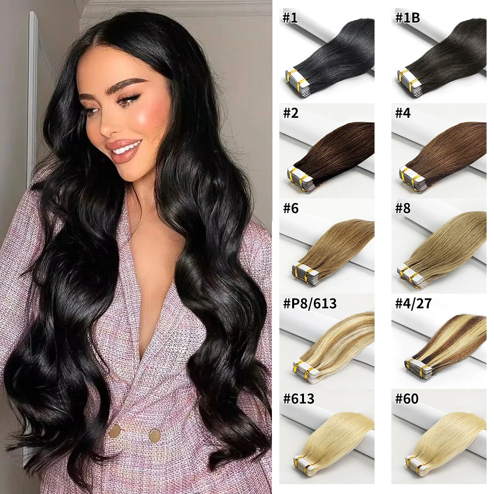 Tape In Hair Extensions Remy Human Hair 20pcs Straight Seamless Skin Weft Tape Hair Extensions Natural Black Hair For Women