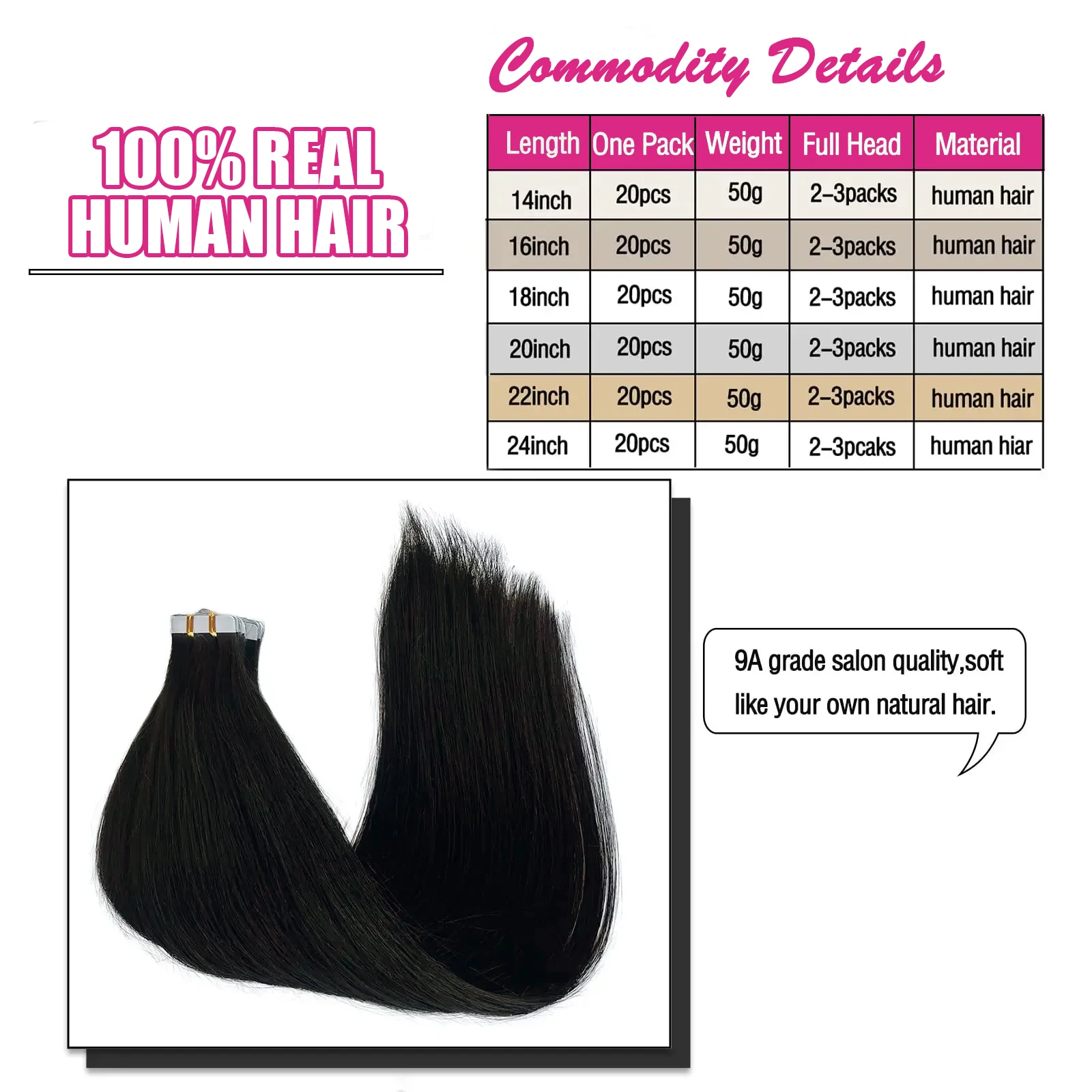 Tape In Hair Extensions Remy Human Hair 20pcs Straight Seamless Skin Weft Tape Hair Extensions Natural Black Hair For Women thumbnail 6
