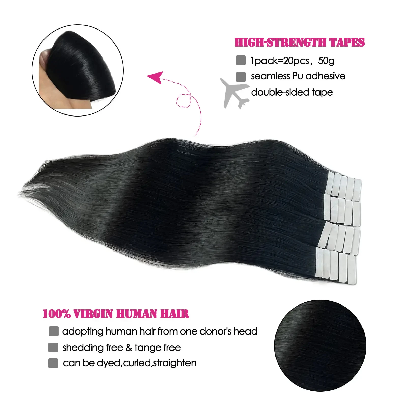 Tape In Hair Extensions Remy Human Hair 20pcs Straight Seamless Skin Weft Tape Hair Extensions Natural Black Hair For Women thumbnail 5