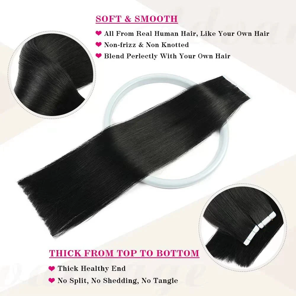 Tape In Hair Extensions Remy Human Hair 20pcs Straight Seamless Skin Weft Tape Hair Extensions Natural Black Hair For Women thumbnail 3