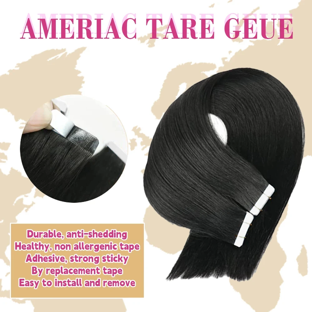 Tape In Hair Extensions Remy Human Hair 20pcs Straight Seamless Skin Weft Tape Hair Extensions Natural Black Hair For Women thumbnail 4