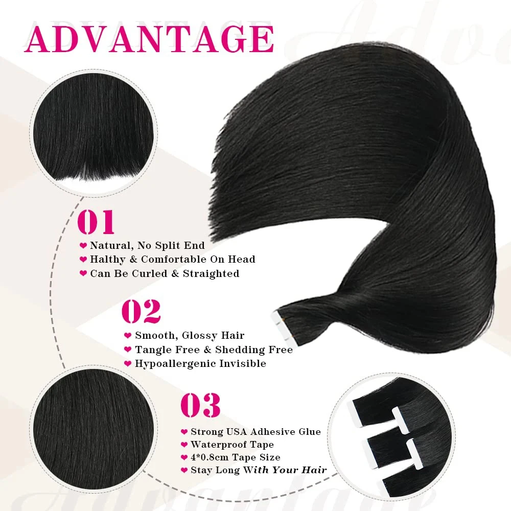 Tape In Hair Extensions Remy Human Hair 20pcs Straight Seamless Skin Weft Tape Hair Extensions Natural Black Hair For Women thumbnail 2